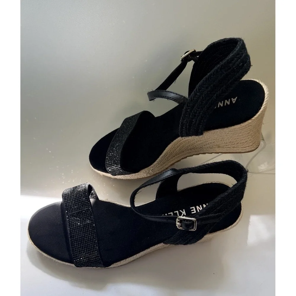 Retro Anne Klein Shoes Women's Wylie Wedge Sandal Sz 8.5 Pinup Rockabilly Black